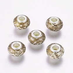 Perles européennes artisanales en pâte de polymère, Perles avec un grand trou   , avec les accessoires en laiton, rondelle avec motif de fleurs, couleur argentée, verge d'or noir, 15~16x9~11mm, Trou: 5mm