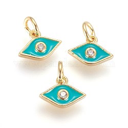 Brass Micro Pave Cubic Zirconia Charms, with Enamel and Jump Ring, Horse Eye, Golden, Dark Turquoise, 7x10x2mm, Hole: 3mm