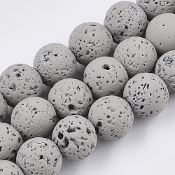 Brins de perles de pierre de lave naturelle peintes à la bombe, ronde, grises , 10~11mm, Trou: 1.4mm, Environ 37~39 pcs/chapelet, 14.96 pouce (38 cm)