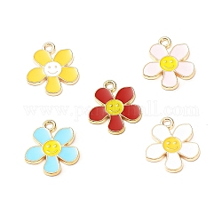 Alloy Enamel Pendants, Flower with Smiling Face Charm, Cadmium Free & Nickel Free & Lead Free, Golden, Mixed Color, 21.2~21.3x18x1.4~1.5mm, Hole: 2~2.2mm