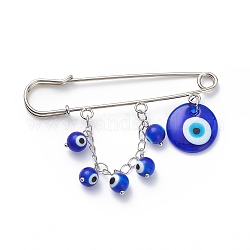 Handmade Lampwork Evil Eye Charms Lapel Pin, Iron Safety Pin Brooch with Brass Tassel for Collar Scarf, Blue, 60mm