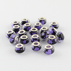 Large Hole Heart Pattern Resin European Beads, with Silver Color Plated Brass Double Cores, Faceted Rondelle, Mauve, 14x9mm, Hole: 5mm