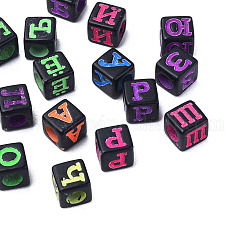 Opaque Black Acrylic Beads, Cube with Random Letter, Mixed Color, 6.5x6x6mm, Hole: 3.5mm, about 2800pcs/500g