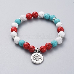 Turquoise synthétique de thème bouddhiste, perles rondes howlite naturelles étendent bracelets, avec pendentifs ronds plats en alliage de style tibétain et perles, lotus, 2-1/8 pouce (5.5 cm)