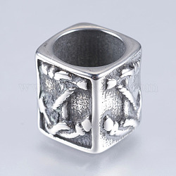 304 Stainless Steel Beads, Large Hole Beads, Cuboid with Anchor, Antique Silver, 11x12.5x12mm, Hole: 8.5mm
