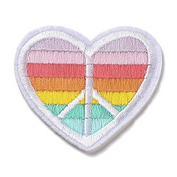 Corazón con apliques de signo de la paz y rayas de lluvia, Tela de bordado computarizada para planchar / coser parches, accesorios de vestuario, colorido, 63x65.5x1.5mm