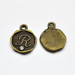 Antique Bronze Plated Alloy Rhinestone Charms, Flat Round with Letter.R, Nickel Free, 13x10x1.5mm, Hole: 1mm