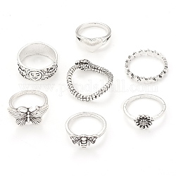 Set di anelli impilabili in lega di stile tibetano, gioielli gotici per le donne, argento antico, diametro interno: 15~19mm, 7 pc / set