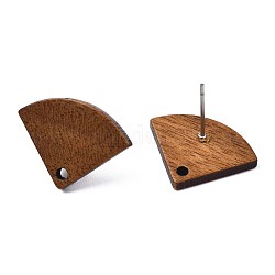 Walnut Wood Stud Earring Findings, with Hole and 304 Stainless Steel Pin, Fan, Saddle Brown, 14.5x19mm, Hole: 1.8mm, Pin: 0.7mm