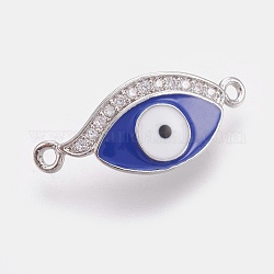 Brass Micro Pave Cubic Zirconia Links connectors, with Enamel, Long-Lasting Plated, Evil Eye, Lead Free & Nickel Free & Cadmium Free, Blue, Real Platinum Plated, 22x9.5x2mm, Hole: 1.2mm