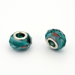Platinum Tone Glass European Beads, with Brass Cores, Teal, 14x9mm, Hole: 5mm
