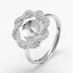 Verstellbare 925 Sterling Silber Ring Komponenten, für die Hälfte gebohrt Perlen, mit Mikro ebnen Zirkonia, Blume, Platin Farbe, 17 mm, Fach: 7 mm, Stift: 0.8 mm