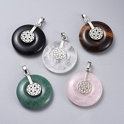 Natural & Synthetic Mixed Stone Pendants, with Platinum Tone Brass Findings, Donut/Pi Disc with Flower, 35.5x30x8.5~9.5mm, Hole: 4.5x6.5mm