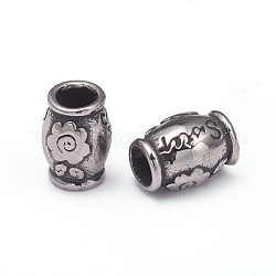 Perles européennes en 304 acier inoxydable, Perles avec un grand trou   , tambour avec fleur et mot, argent antique, 10.5x7.5~8mm, Trou: 4.5mm