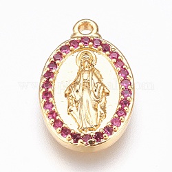 Brass Pendants, with Cubic Zirconia, Lead Free & Cadmium Free & Nickel Free, Long-Lasting Plated, Oval with Virgin Mary, Purple, Golden, 21.5x13x3mm, Hole: 1.2mm