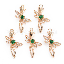 Rack Plating Brass Micro Pave Clear Cubic Zirconia Pendants, with Faceted Glass, Long-Lasting Plated, Cadmium Free & Lead Free, Dragonfly with Flower, Green, 25.5x15.5x4mm, Hole: 1.5mm