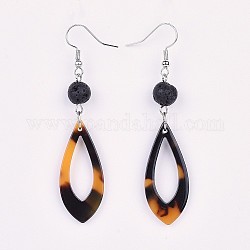 Cellulose Acetate(Resin) Dangle Earring, with Natural Lava Rock Beads and Brass Earring Hooks, teardrop, Platinum, Goldenrod, 71mm, Pin: 0.7mm