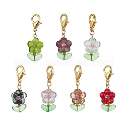 Décorations de pendentif de chalumeau faites à la main de fleur, avec des perles de verre et en alliage homard fermoirs griffe, couleur mixte, 42mm