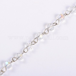 Chaînes de perles en rondelles en verre manuelles pour fabrication de colliers et bracelets, avec épingle à oeil en fer platine, non soudée, clair, 39.3 pouce, perles: 6x4.5 mm