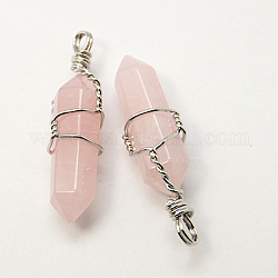 Natural Rose Quartz Double Terminated Pointed Pendants, with Brass Pendant Settings, Faceted, Bullet, Platinum Metal Color, 35~45x10~13mm, Hole: 3mm
