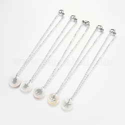 Brass Real Platinum Plated Cable Chains Charms Anklets, with 304 Stainless Steel Findings and Freshwater Shell Pendants, Flat Round, Stainless Steel Color, 9-7/8 inch(25cm), Pendant: 16x3mm