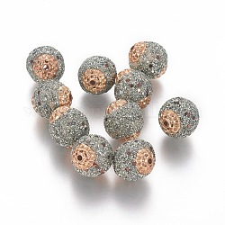 Perles Indonésiennes manuelles, avec les accessoires en métal, verre, ronde, or clair, grises , 15~15.5x14~15mm, Trou: 1.4mm