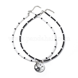 2 pièces 2 couleurs alliage émail potins/yin yang correspondant pendentif colliers ensemble, colliers de couple de perles acryliques pour femmes, noir et blanc, 15.94 pouce (40.5 cm), 1 pc / couleur
