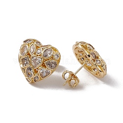 Clear Cubic Zironia Heart Stud Earrings, Rack Plating Brass Jewelry for Women, Lead Free & Cadmium Free, Real 18K Gold Plated, 15x16mm, Pin: 0.7mm