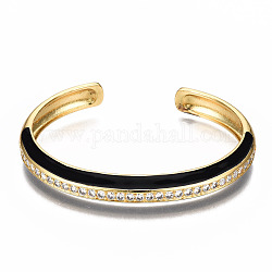 Brass Micro Pave Clear Cubic Zirconia Cuff Bangles, with Enamel, Nickel Free, Real 16K Gold Plated, Black, Inner Diameter: 2-3/8 x1-7/8 inch(5.9x4.7cm)