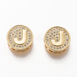 Golden Plated Brass Micro Pave Cubic Zirconia Multi-Strand Links, Flat Round with Letter, Letter.J, 12x4.5mm, Hole: 2mm