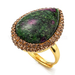 Anello regolabile a goccia con rubino naturale in zoisite e strass, anello in ottone per le donne, oro, diametro interno: 18mm