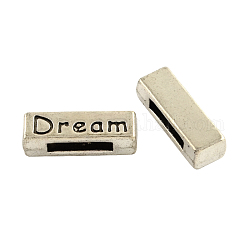 Tibetan Style Alloy Slide Charm Beads, Lead Free, Rectangle with Word(Dream), Antique Silver, 18x6x5mm, Hole: 10x2mm, about 438pcs/1000g