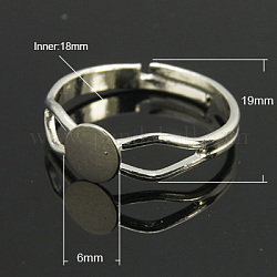 Componentes de anillo de latón, fornituras de anillo almohadilla, ajustable, de color platino, 18 mm de diámetro interior, Bandeja: 6 mm