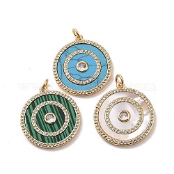 Flat Round Brass Micro Pave Cubic Zirconia Pendants, with Synthetic Malachite & Turquoise, Natural Shell and Jump Rings, Cadmium Free & Lead Free, Real 18K Gold Plated, Clear, 25x23x2.5mm, Hole: 3.4mm