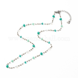 Collier de chaîne, avec chaîne en laiton et perles de verre, accessoires en 304 acier inoxydable, vert de mer clair, 40.5x0.2 cm