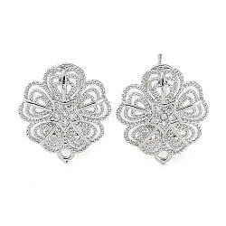 Flower Brass Micro Pave Cubic Zirconia Stud Earrings Finding, with Horizontal Loops, Cadmium Free & Lead Free, Platinum, 16.5x16mm, Hole: 1.5mm, Pin: 0.8mm