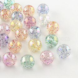 Perles rondes en acrylique transparent de couleur AB, avec de la poudre colorée de paillettes, couleur mixte, 14mm, Trou: 2mm