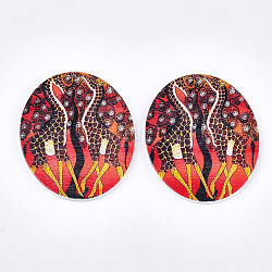 Gros pendentifs en bois imprimés, teinte, ovale avec la girafe, colorées, 63x50x2.5mm, Trou: 1.2mm