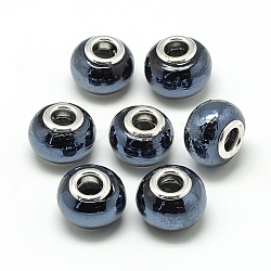 Perles européennes vernissées manuelles, avec doubles noyaux de cuivre, Perles avec un grand trou   , rondelle, platine, bleu de Prusse, 13~14x10~11mm, Trou: 5mm