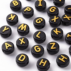 Perles noires opaques acryliques, métal enlacée, trou horizontal, cube avec lettres aléatoires, plaqué or, 10x6mm, Trou: 2mm