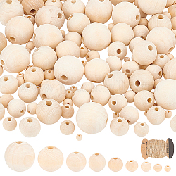 Nbeads 180Pcs 9 Sizes Round Natural Unfinished Wood Beads, Undyed, with 1 Board Jute Cord, Beige, Beads: 6~30x5~30mm, Hole: 2~6mm, 20pcs/size