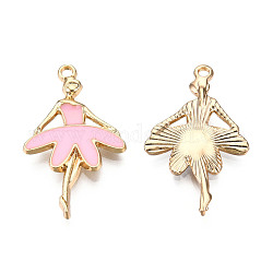 Pendenti in lega placcata oro chiaro, con smalto, ballerino classico, perla rosa, 30.5x18x2.5mm, Foro: 1.8 mm