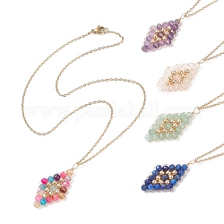Collier pendentif losange en perles de pierres précieuses mélangées naturelles, bijoux enveloppés de fil de cuivre doré pour femmes, 17.68 pouce (44.9 cm)
