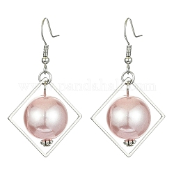 Orecchini pendenti con perla imitazione plastica ABS con rombo, orecchini pendenti in ferro, marrone rosato, 47.5x27.5mm