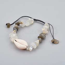 Bracelets de perles tressées en labradorite naturelle et pierre de lune blanche, avec cauris, 1-7/8 pouce ~ 3-1/8 pouces (4.7~8 cm)
