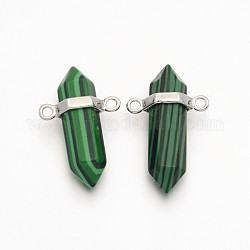 Synthetic Malachite Bullet Pointed Pendants, with Platinum Plated Brass Findings, Lead Free & Nickel Free, 26~35x19x9~10mm, Hole: 2mm