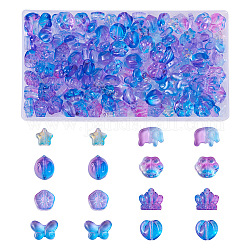 Biyun 160Pcs 8 Style Transparent Spray Painted Glass Beads, with Glitter Powder, Two Tone, Star & Rabbit & Butterfly & Heart & Flower & Crown, Mixed Color, 8~14x8~15x4~8.5mm, Hole: 0.8~1.2mm, 20Pcs/style
