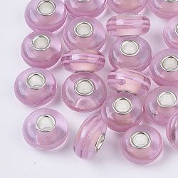 Handgemachte glasperlen murano glas großlochperlen, Großloch perlen, mit versilberten Messing-Einzelkernen, Rondell, Flamingo, 14x7.5 mm, Bohrung: 4 mm