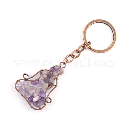 Copper Wire Wrapped Natural Amethyst Chips Yoga Pendant Keychains, for Car Key Backpack Pendant Accessories, 10x4.5cm