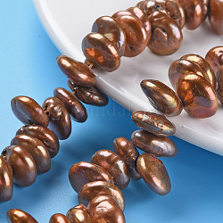 Naturales keshi abalorios de perlas hebras, perla cultivada de agua dulce, teñido, plano y redondo, tierra de siena, 12~23x12~13x3~9mm, agujero: 0.5 mm, aproximamente 71~83 pcs / cadena, 14.17~16.14 pulgada (36~41 cm)